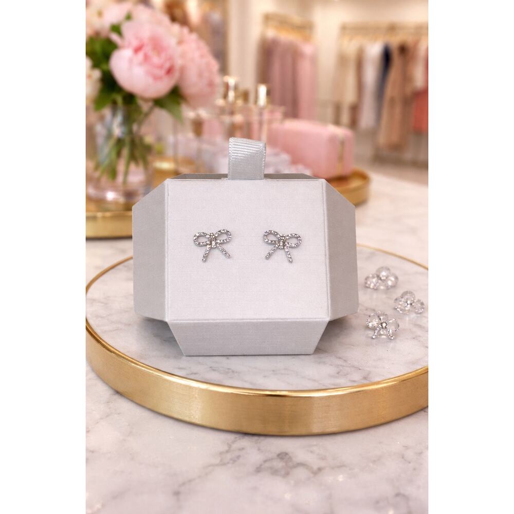 925 Sterling Silver CZ Bow Stud Earrings Preppy Glam Holiday Christmas Gift